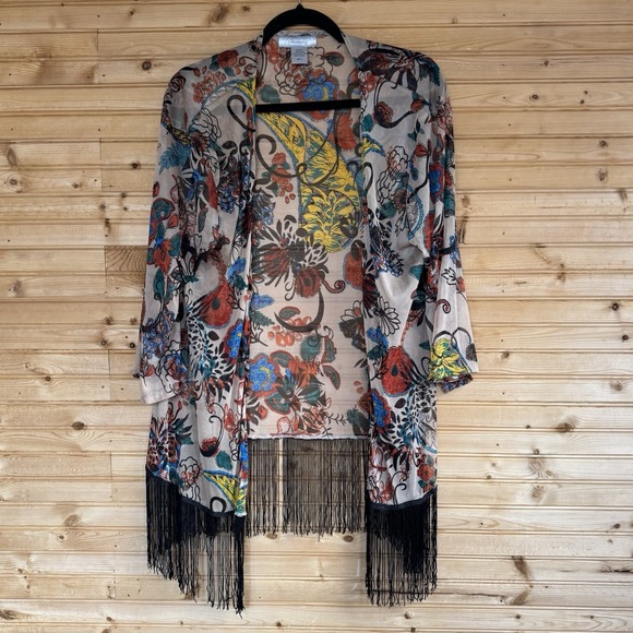 Chemistry Kimono Paisley Floral Fringe Open Front Boho Women's Size Large - Picture 1 of 5